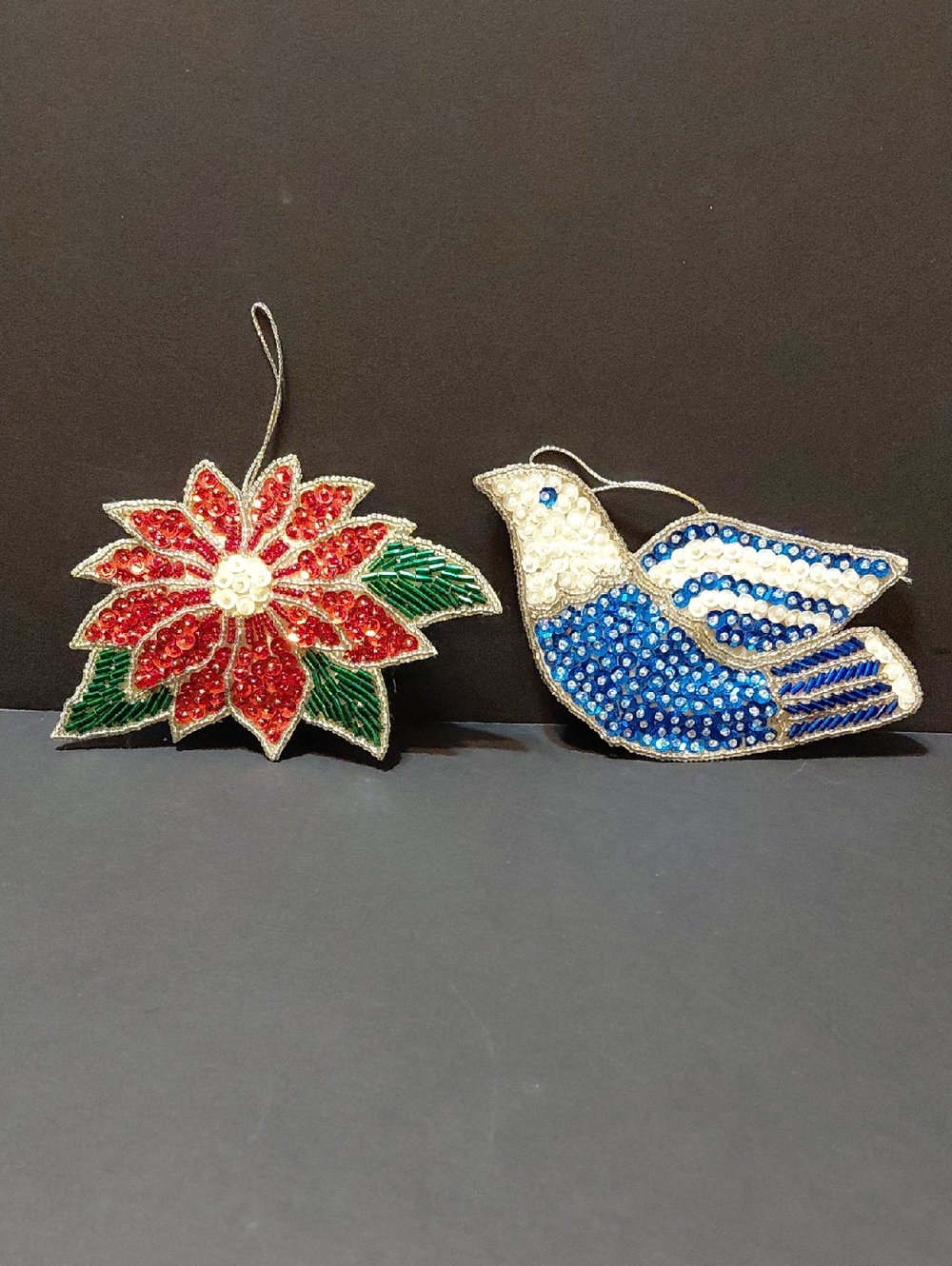 Lot of 2 Vintage Avon Shimmering Holiday  Christmas Dove & Poinsettia Ornaments